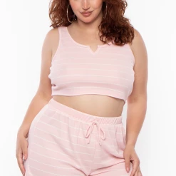 Curvy Sense Plus Size Striped Thermal Tank & Shorts Set - Pink/White
