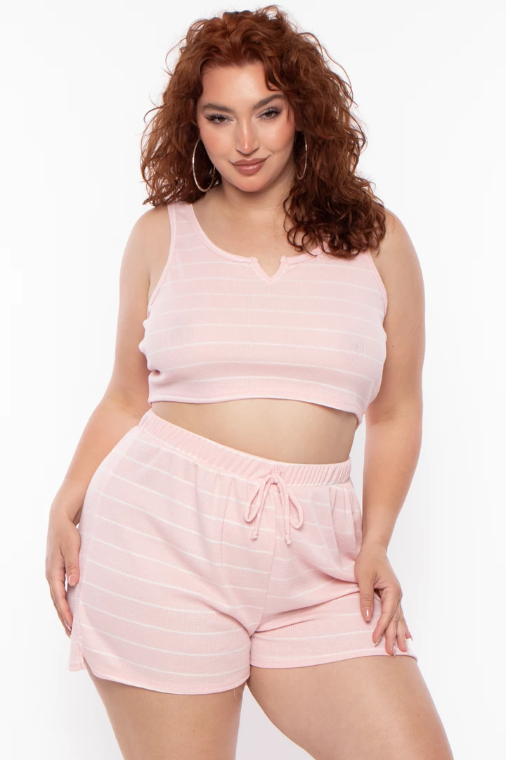 Curvy Sense Plus Size Striped Thermal Tank & Shorts Set - Pink/White 3 Curvy Sense Plus Size Striped Thermal Tank & Shorts Set - Pink/White