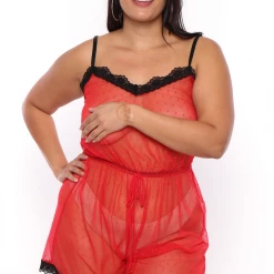 Curvy Sense Plus Size Mesh Sleep Romper - Red