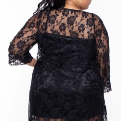 Curvy Sense Plus Size Amaya Lace Night Robe - Black