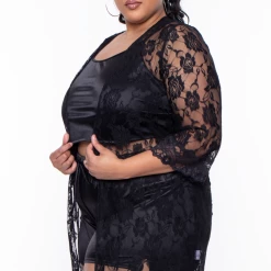 Curvy Sense Plus Size Amaya Lace Night Robe - Black