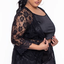 Curvy Sense Plus Size Amaya Lace Night Robe - Black