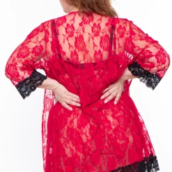 Curvy Sense Plus Size Amaya Lace Night Robe - Red