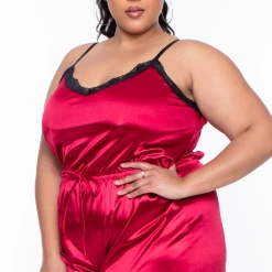Curvy Sense Plus Size Sabine Satin Sleep Romper - Red