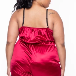 Curvy Sense Plus Size Sabine Satin Sleep Romper - Red