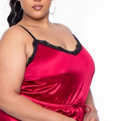 Curvy Sense Plus Size Sabine Satin Sleep Romper - Red