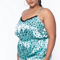 Curvy Sense Plus Size Satin Cheetah Romper - Mint