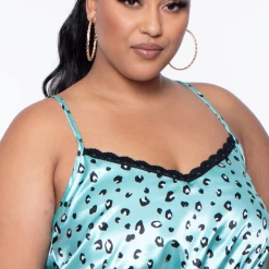 Curvy Sense Plus Size Satin Cheetah Romper - Mint