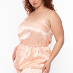Curvy Sense Intimates Plus Size Satin Cheetah Romper - Peach