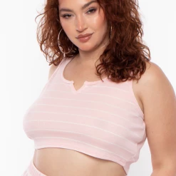 Curvy Sense Plus Size Striped Thermal Tank & Shorts Set - Pink/White