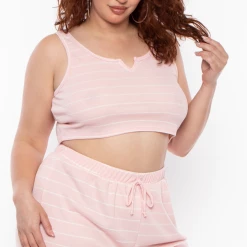Curvy Sense Plus Size Striped Thermal Tank & Shorts Set - Pink/White 9 Curvy Sense Plus Size Striped Thermal Tank & Shorts Set - Pink/White