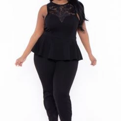 Curvy Sense Party Jumpsuilts Plus Size Ariel Peplum Waist Lace Jumpsuit - Black