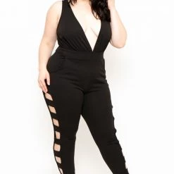 Curvy Sense Plus Size Electra Caged Jumpsuit - Black Party Jumpsuilts