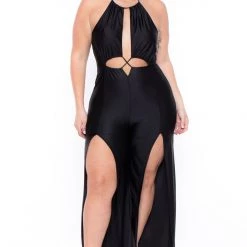 Curvy Sense Plus Size Elissa M-Slit Jumpsuit- Black