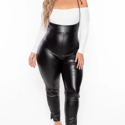 Curvy Sense Plus Size Faux Leather Suspender Jumpsuit - Black Back In Stock