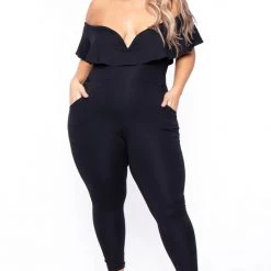 Curvy Sense Back In Stock Plus Size Frill Jumpsuit - Black