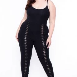 Curvy Sense Plus Size Grommet Lace Up Jumpsuit - Black Back In Stock