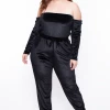 Curvy Sense Plus Size Isabelle Velour Off The Shoulder Jumpsuit - Black Party Jumpsuilts