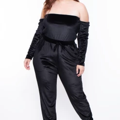 Curvy Sense Plus Size Isabelle Velour Off The Shoulder Jumpsuit - Black Party Jumpsuilts