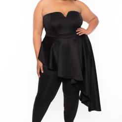 Curvy Sense Plus Size Kelsey Cascading Ruffle Jumpsuit - Black Back In Stock