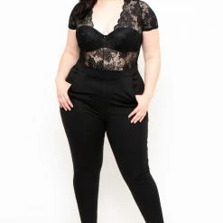 Curvy Sense Plus Size Lace Top Jumpsuit - Black Party Shop