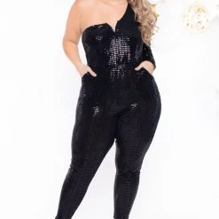 Curvy Sense Plus Size Mireya Shimmer Jumpsuit - Black