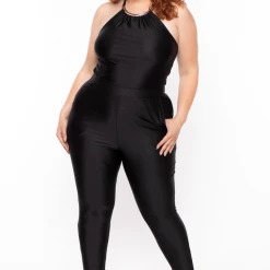Curvy Sense Plus Size Necklace Halter Jumpsuit - Black Party Jumpsuilts
