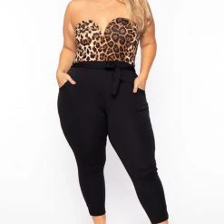 Curvy Sense Plus Size Nova Leopard Top Jumpsuit - Black