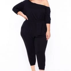 Curvy Sense Party Jumpsuilts Plus Size Off The Shoulder Capri Jumpsuit - Black