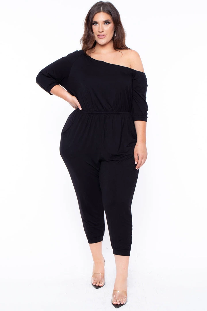 Curvy Sense Party Jumpsuilts Plus Size Off The Shoulder Capri Jumpsuit - Black 3 Curvy Sense Party Jumpsuilts Plus Size Off The Shoulder Capri Jumpsuit - Black