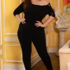Curvy Sense Party Jumpsuilts Plus Size Off The Shoulder Grommet Jumpsuit - Black