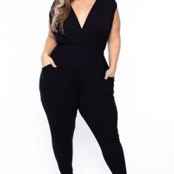 Curvy Sense Plus Size Rosewood Cross Front Jumpsuit - Black Back In Stock