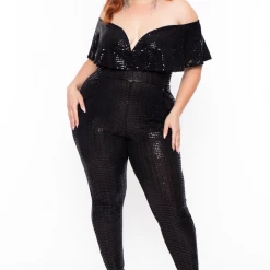 Curvy Sense Plus Size Serenity Sequin Frill Jumpsuit- Black