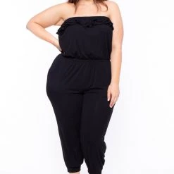 Curvy Sense Back In Stock Plus Size Strapless Ruffle Capri Jumpsuit - Black