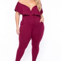 Curvy Sense Plus Size Frill Jumpsuit - Burgundy Back In Stock