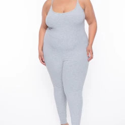 Curvy Sense Plus Size Essential Ribbed Catsuit - Heather Grey Party Jumpsuilts
