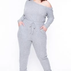 Curvy Sense Party Jumpsuilts Plus Size Zadie Ribbed Jumpsuit - Heather Grey