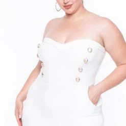 Curvy Sense Party Jumpsuilts Plus Size Button Front Jumpsuit - Ivory