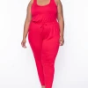 Curvy Sense Party Jumpsuilts Plus Size Eva French Terry Jumpsuit - Red