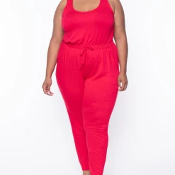 Curvy Sense Party Jumpsuilts Plus Size Eva French Terry Jumpsuit - Red