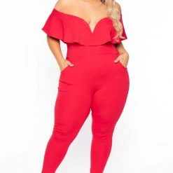 Curvy Sense Most Loved Plus Size Frill Jumpsuit - Red