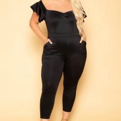 Curvy Sense New Arrivals Plus Size Alice Off The Shoulder Jumpsuit - Black