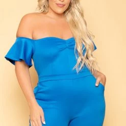 Curvy Sense Plus Size Alice Off The Shoulder Jumpsuit - Blue
