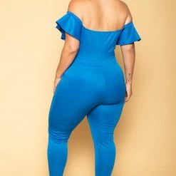 Curvy Sense Plus Size Alice Off The Shoulder Jumpsuit - Blue 9 Curvy Sense Plus Size Alice Off The Shoulder Jumpsuit - Blue