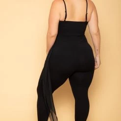Curvy Sense New Arrivals Plus Size Aubree Chiffon Sash Jumpsuit - Black