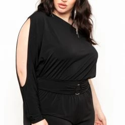 Curvy Sense Plus Size Belladonna Belted Jumpsuit - Black Back In Stock