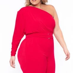 Curvy Sense Back In Stock Plus Size Belladonna Belted Jumpsuit - Red