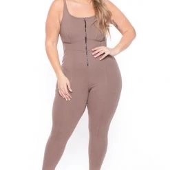 Curvy Sense Plus Size Bond Girl Jumpsuit- Mocha Back In Stock