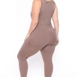 Curvy Sense Plus Size Bond Girl Jumpsuit- Mocha Back In Stock
