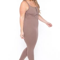 Curvy Sense Plus Size Bond Girl Jumpsuit- Mocha Back In Stock